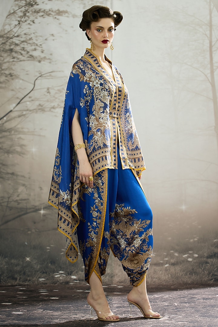 Blue Silk Printed Cape by Rajdeep Ranawat at Pernia's Pop Up Shop