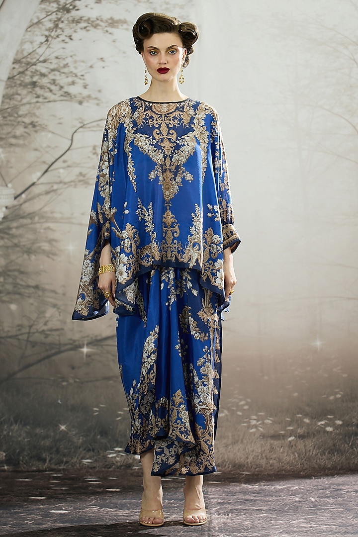 Blue Silk Printed Draped Skirt Set by Rajdeep Ranawat at Pernia's Pop Up Shop