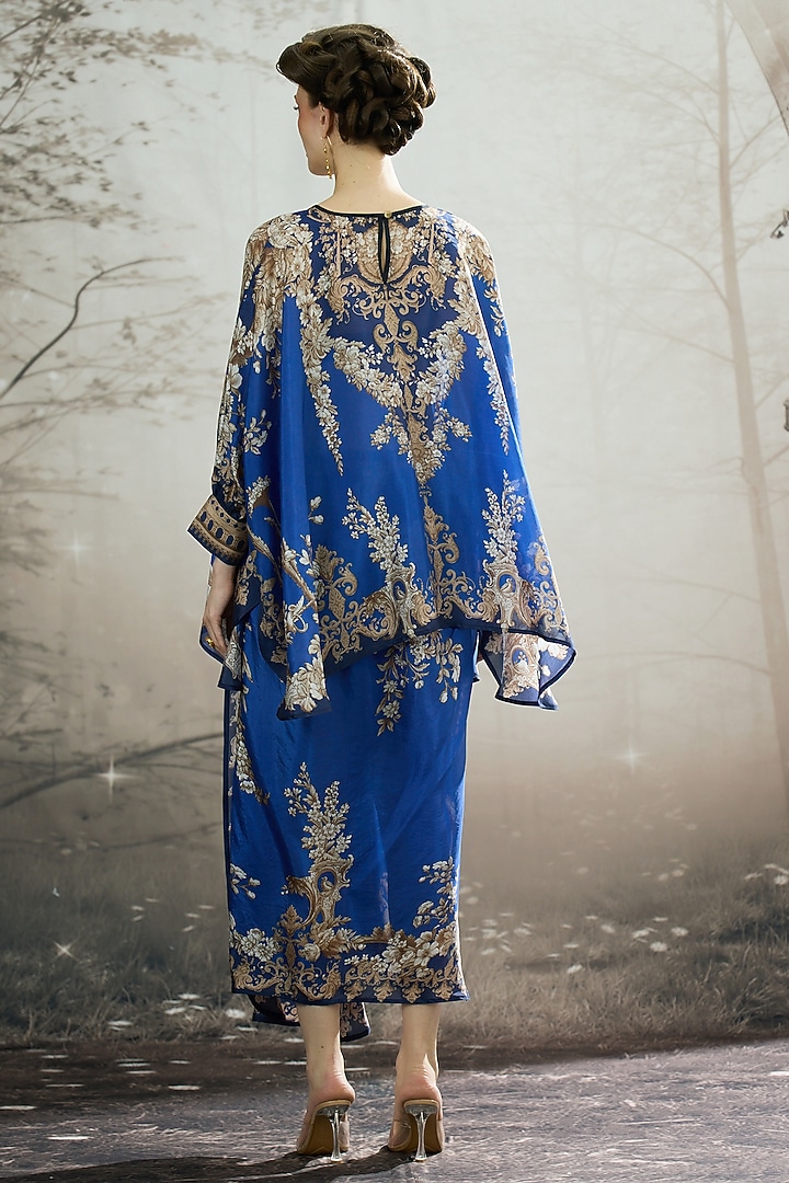 Blue Silk Printed Draped Skirt Set by Rajdeep Ranawat at Pernia's Pop Up Shop