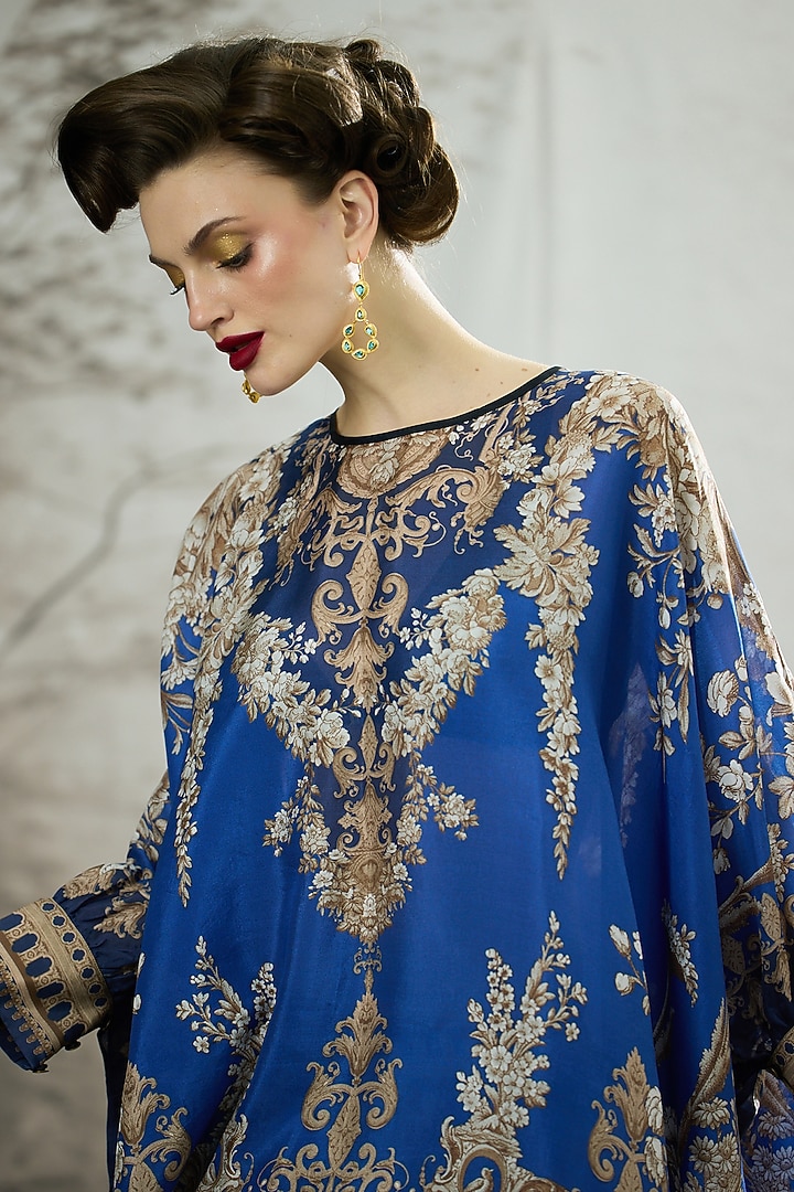 Blue Silk Printed Draped Skirt Set by Rajdeep Ranawat at Pernia's Pop Up Shop