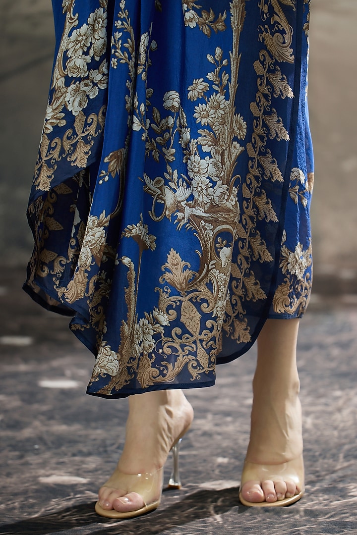 Blue Silk Printed Draped Skirt Set by Rajdeep Ranawat at Pernia's Pop Up Shop