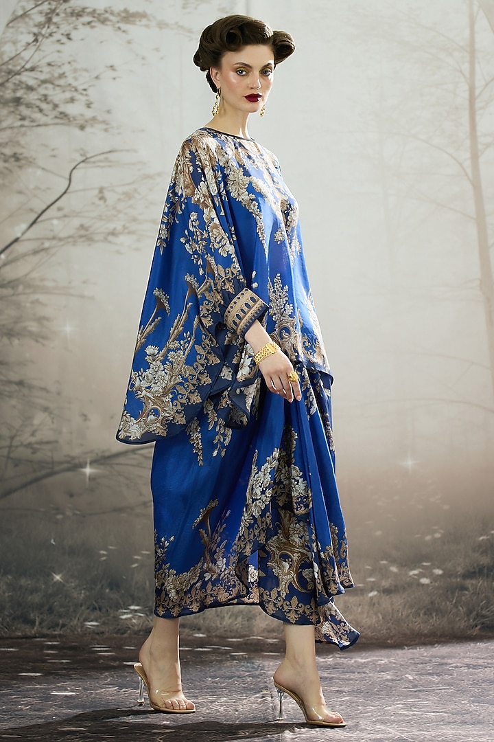 Blue Silk Printed Draped Skirt Set by Rajdeep Ranawat at Pernia's Pop Up Shop