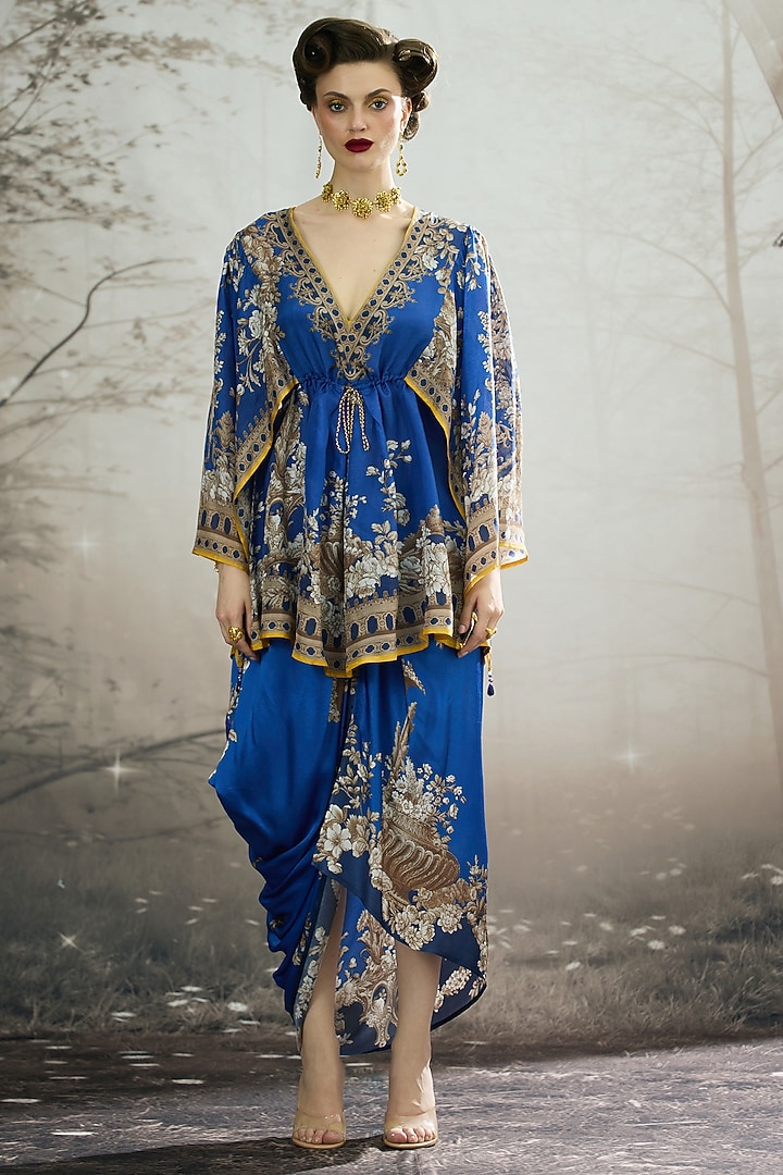 Blue Silk Printed Draped Kaftan Dress by Rajdeep Ranawat at Pernia's Pop Up Shop