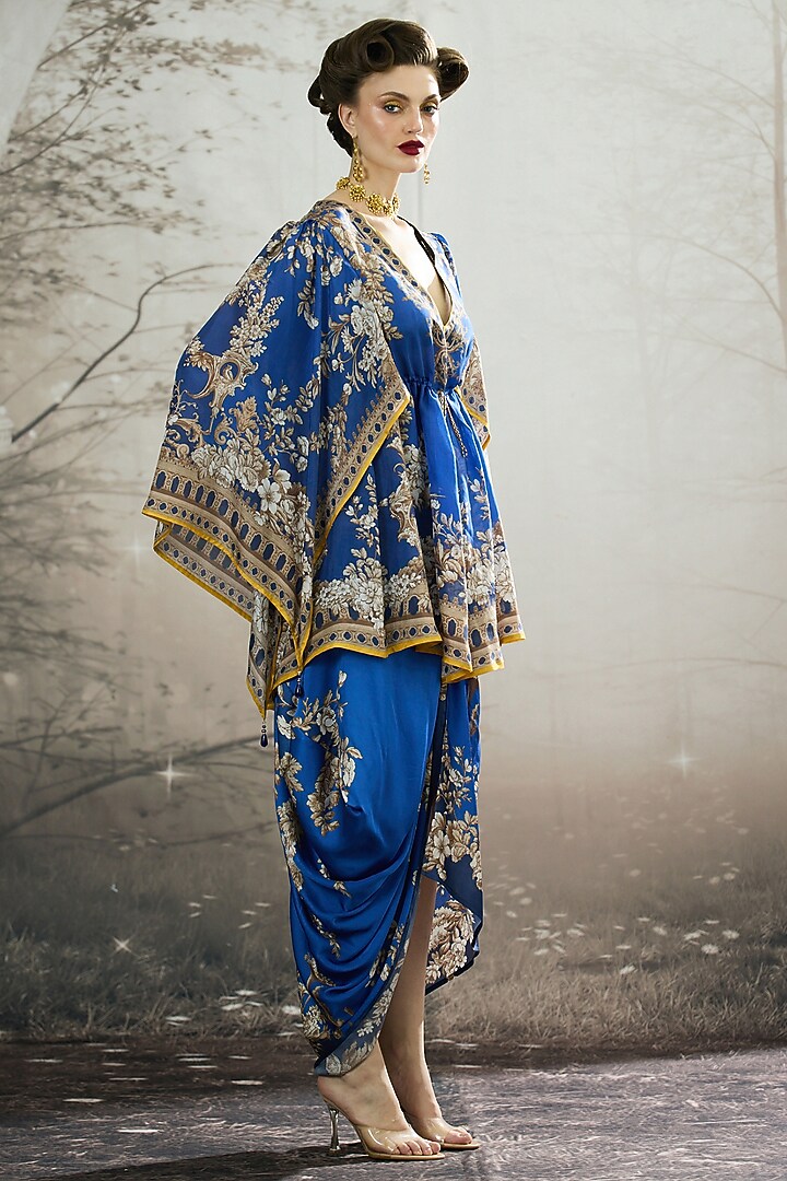 Blue Silk Printed Draped Kaftan Dress by Rajdeep Ranawat at Pernia's Pop Up Shop