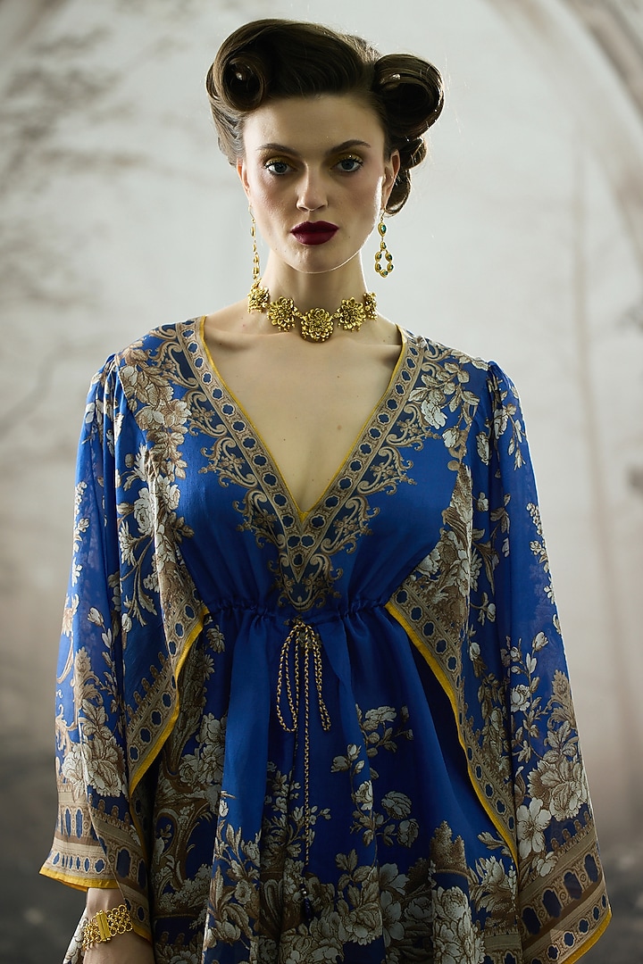 Blue Silk Printed Draped Kaftan Dress by Rajdeep Ranawat at Pernia's Pop Up Shop