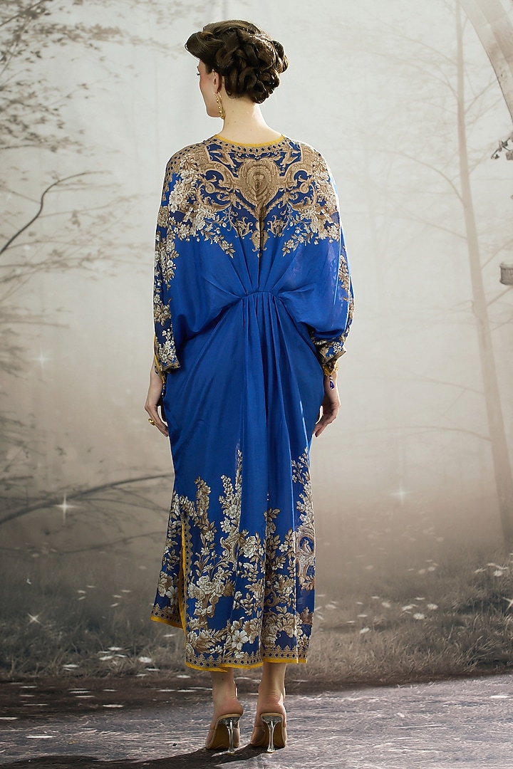 Blue Silk Printed Kaftan by Rajdeep Ranawat at Pernia's Pop Up Shop