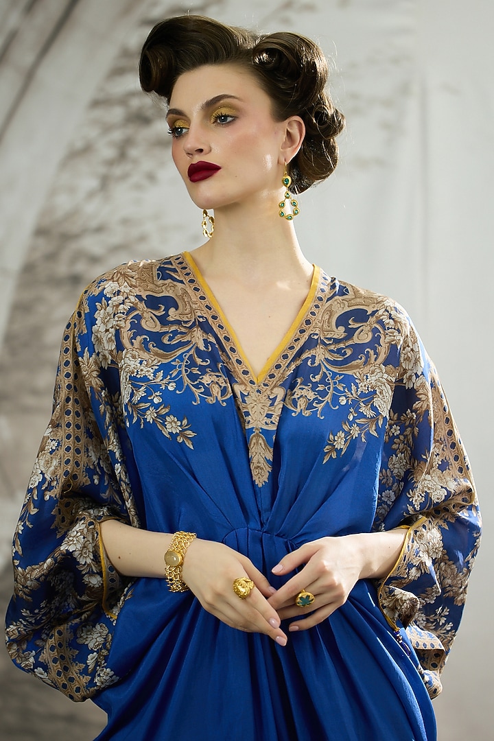 Blue Silk Printed Kaftan by Rajdeep Ranawat at Pernia's Pop Up Shop