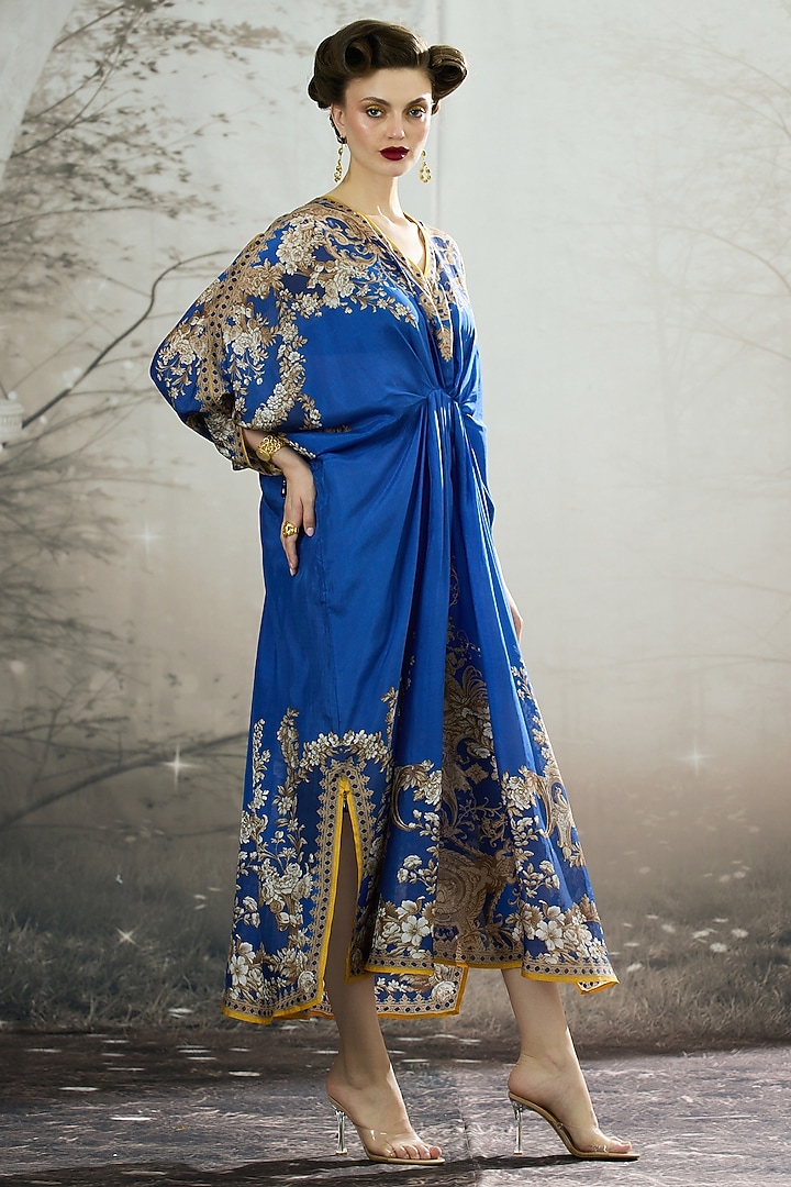 Blue Silk Printed Kaftan by Rajdeep Ranawat at Pernia's Pop Up Shop