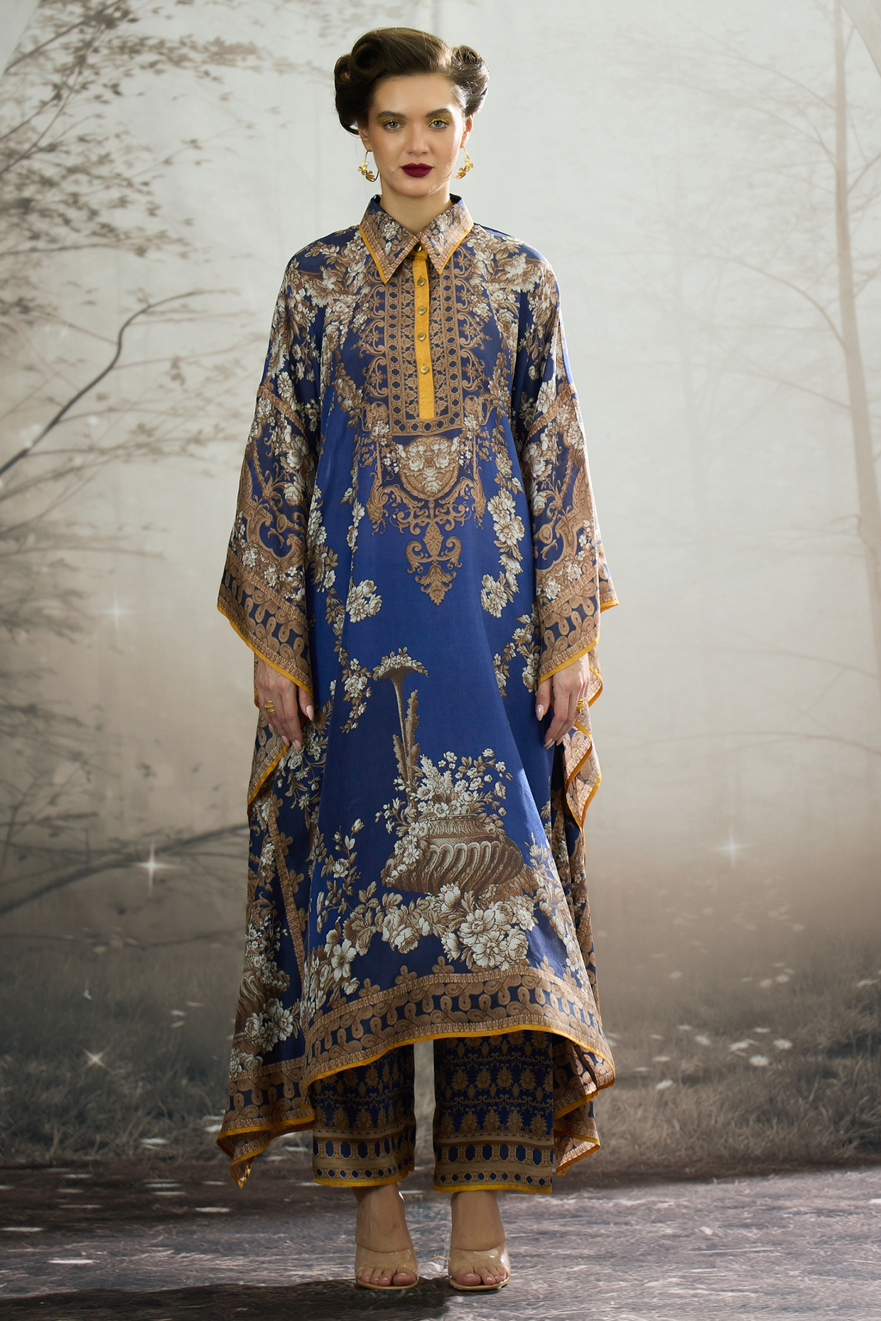 Blue Silk Printed Kaftan by Rajdeep Ranawat at Pernia's Pop Up Shop