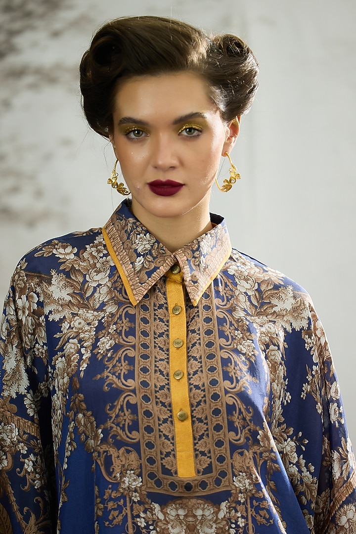Blue Silk Printed Kaftan by Rajdeep Ranawat at Pernia's Pop Up Shop