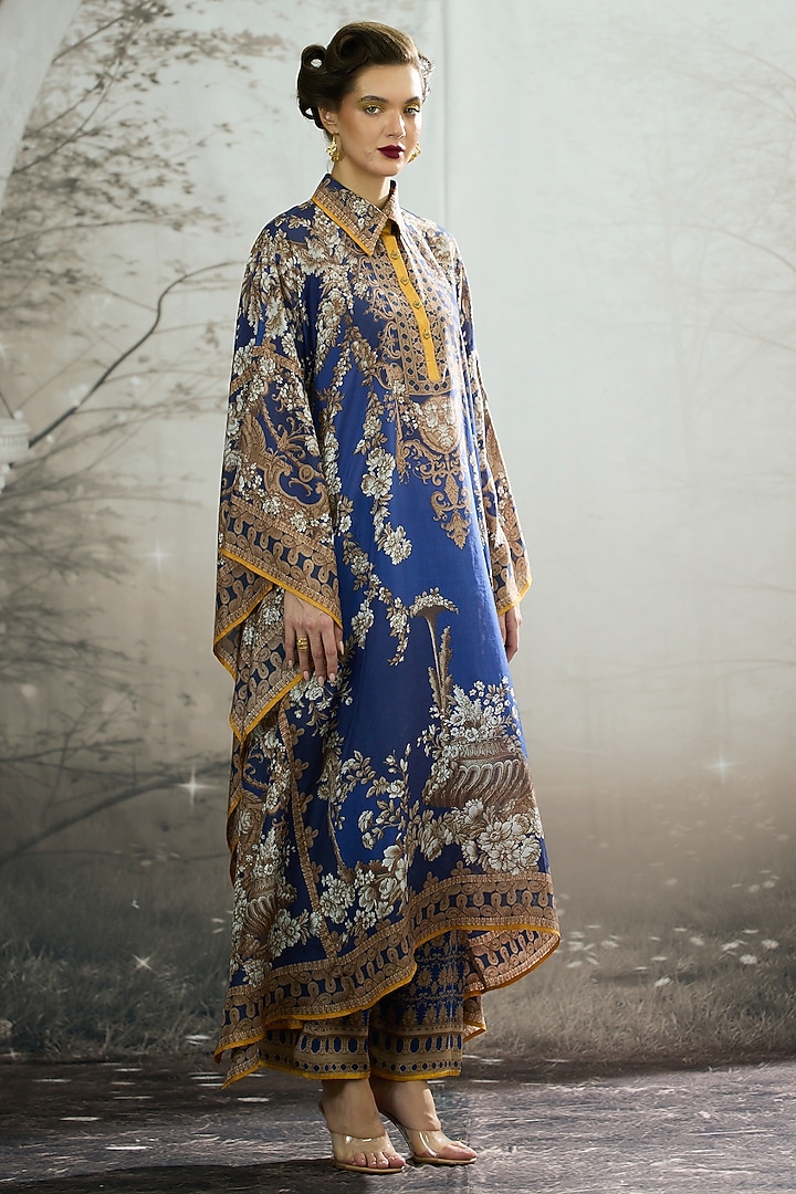 Blue Silk Printed Kaftan by Rajdeep Ranawat at Pernia's Pop Up Shop