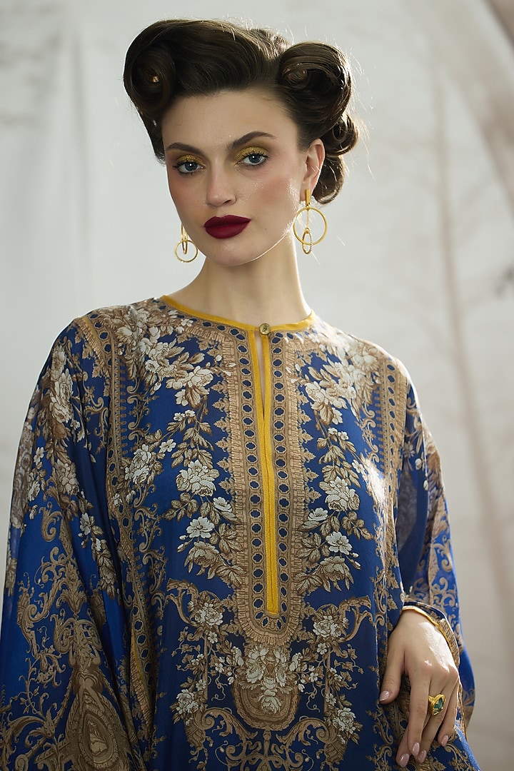 Blue Silk Printed Kaftan by Rajdeep Ranawat at Pernia's Pop Up Shop