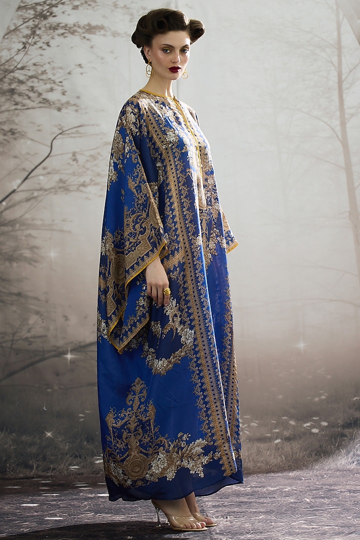 Blue Silk Printed Kaftan by Rajdeep Ranawat at Pernia's Pop Up Shop