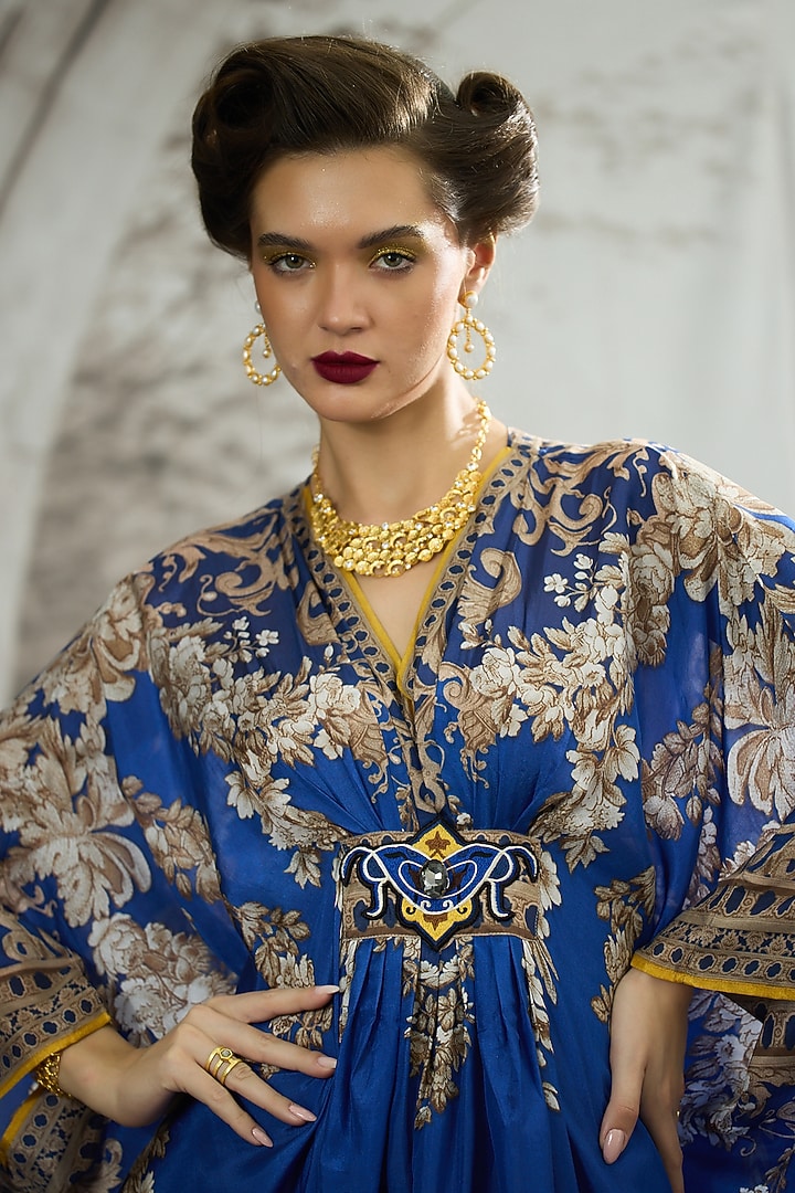 Blue Silk Printed Kaftan by Rajdeep Ranawat at Pernia's Pop Up Shop