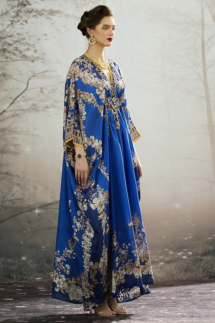 Blue Silk Printed Kaftan by Rajdeep Ranawat at Pernia's Pop Up Shop