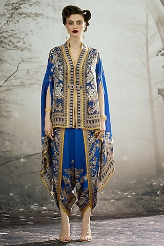 Blue Modal Satin Printed Dhoti Pants by Rajdeep Ranawat