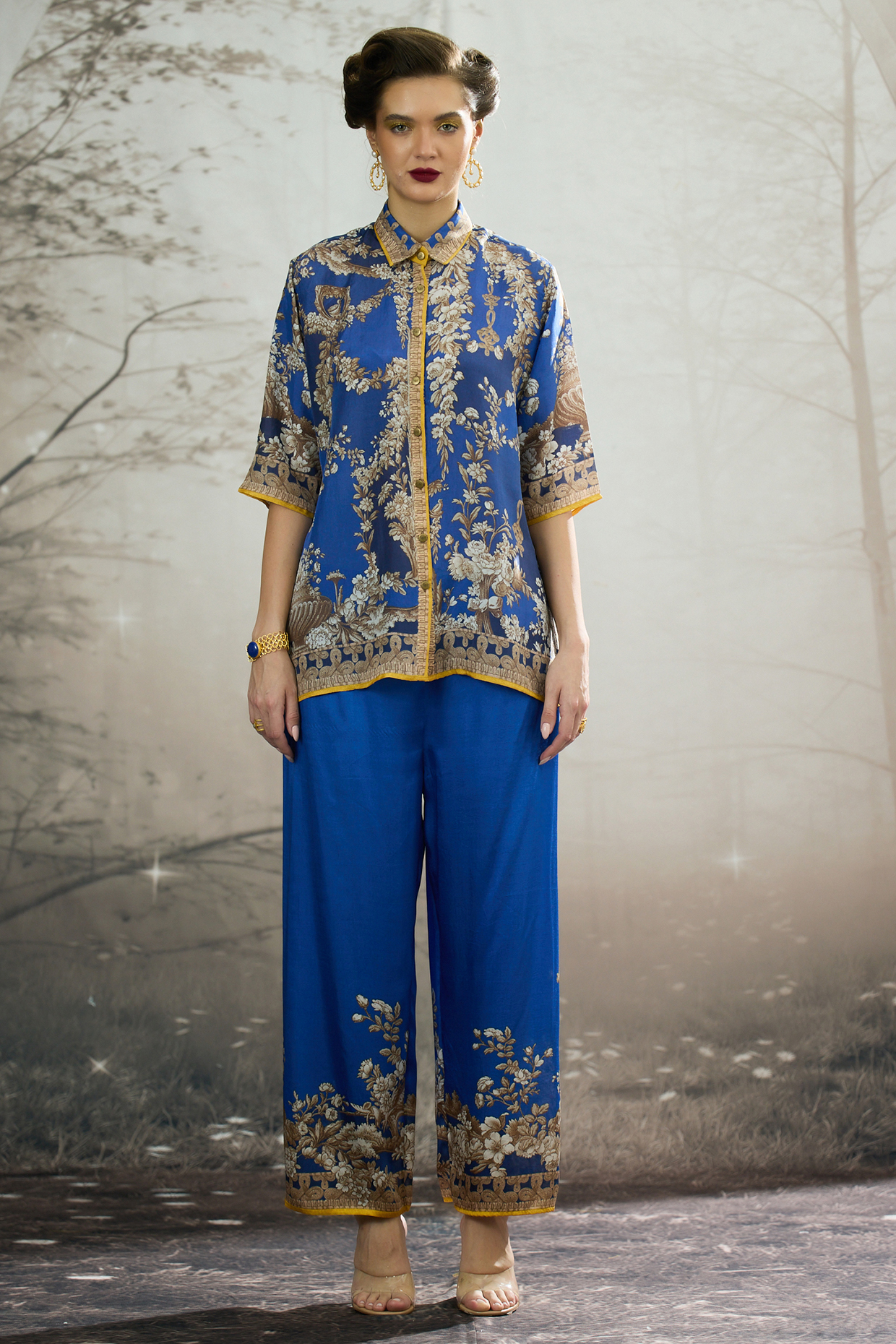 Blue Modal Satin Printed Pants by Rajdeep Ranawat at Pernia's Pop Up Shop