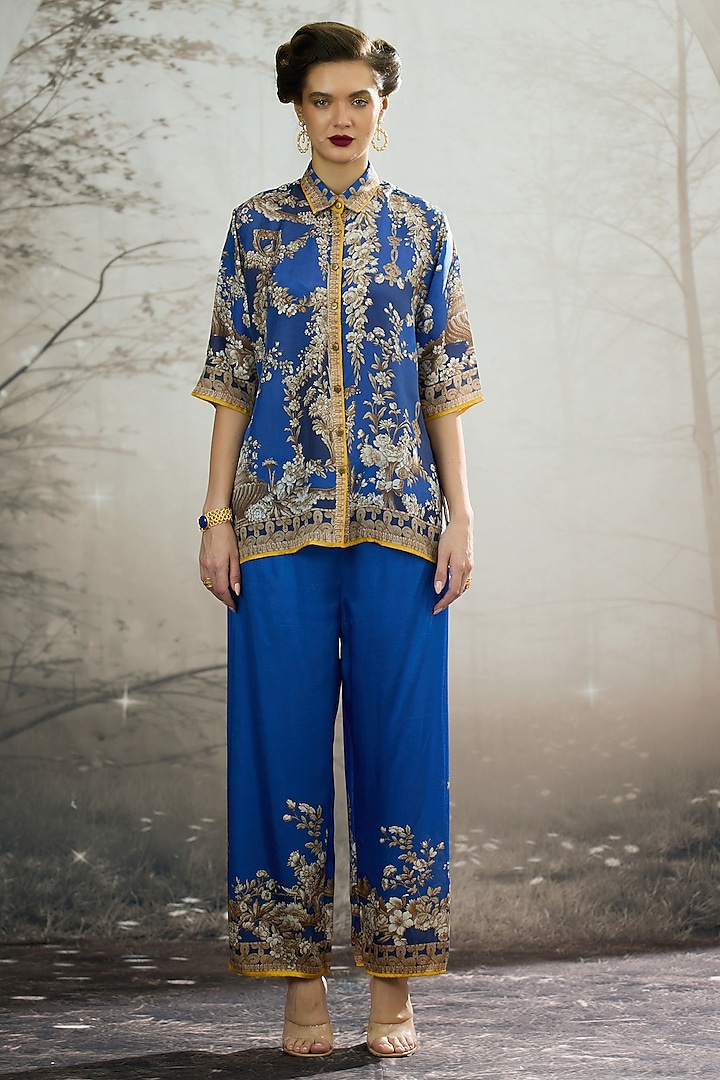 Blue Modal Satin Printed Pants by Rajdeep Ranawat at Pernia's Pop Up Shop