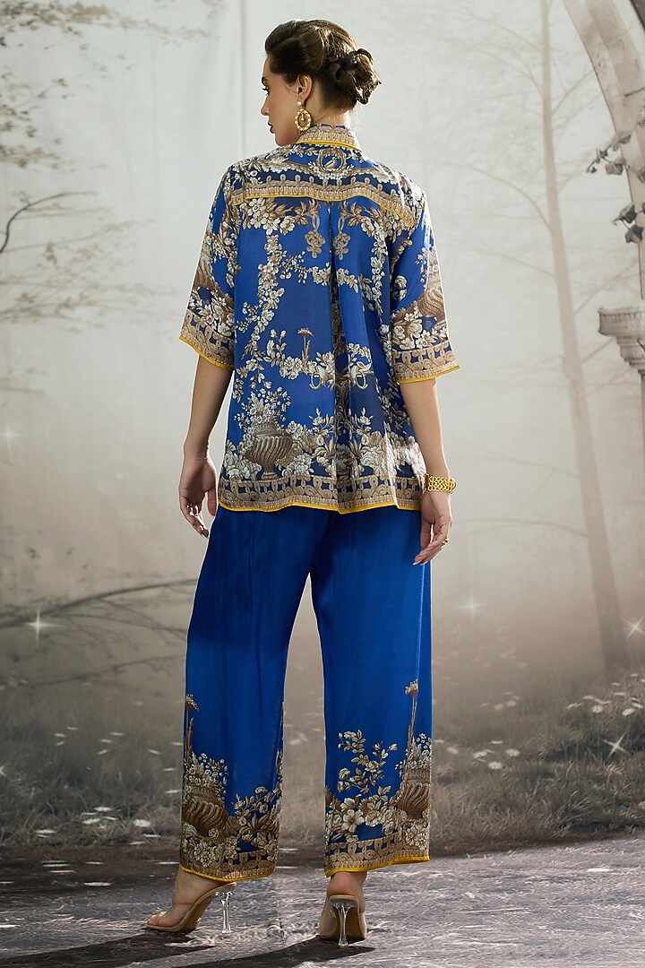 Blue Modal Satin Printed Pants by Rajdeep Ranawat at Pernia's Pop Up Shop
