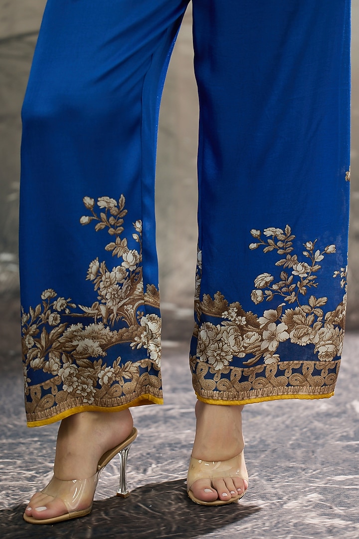Blue Modal Satin Printed Pants by Rajdeep Ranawat at Pernia's Pop Up Shop