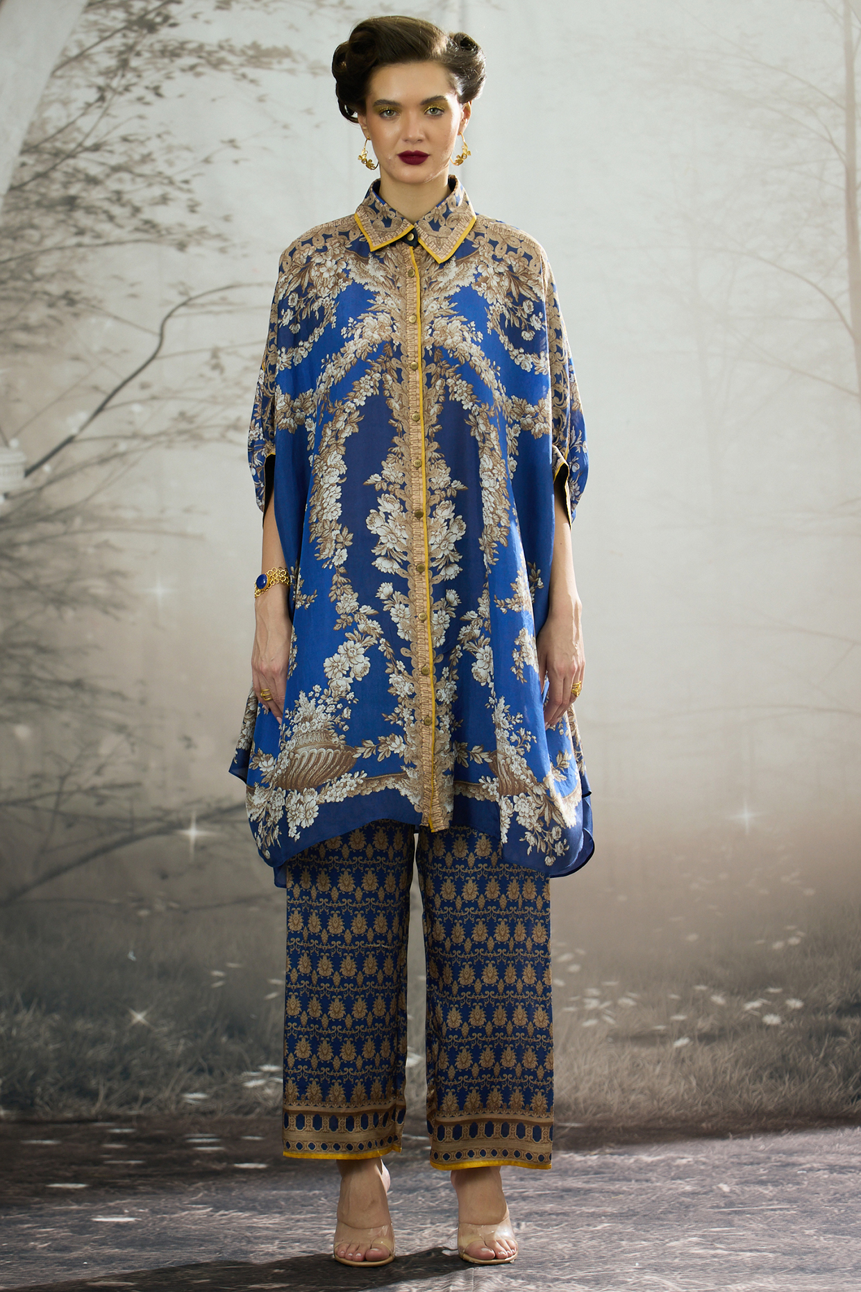 Blue Modal Satin Printed Pants by Rajdeep Ranawat at Pernia's Pop Up Shop
