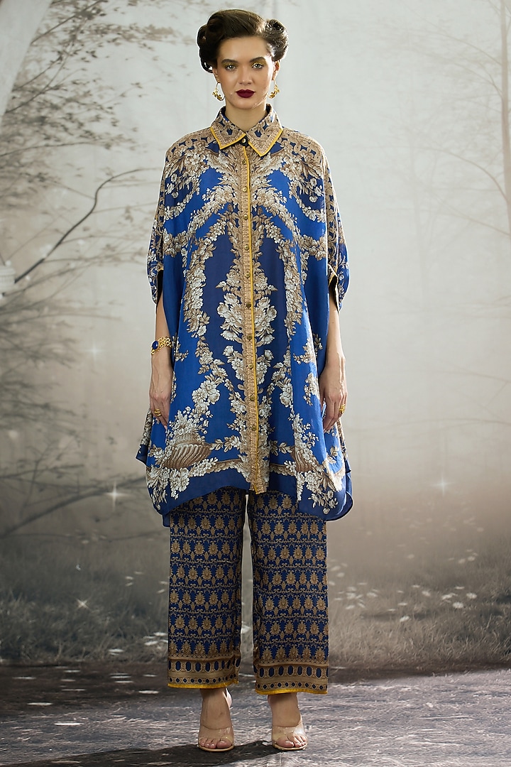 Blue Modal Satin Printed Pants by Rajdeep Ranawat at Pernia's Pop Up Shop