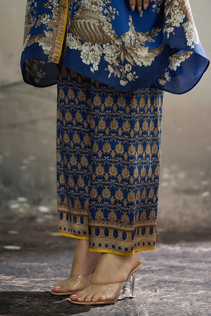 Blue Modal Satin Printed Pants by Rajdeep Ranawat at Pernia's Pop Up Shop