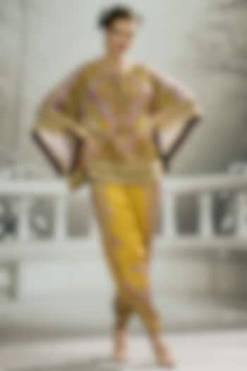 Mustard Silk Printed Poncho Top by Rajdeep Ranawat at Pernia's Pop Up Shop