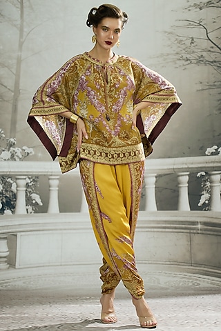 Mustard Silk Printed Poncho Top by Rajdeep Ranawat