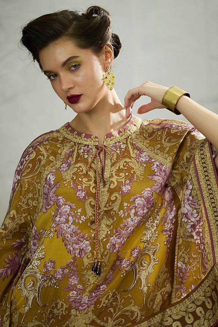 Mustard Silk Printed Poncho Top by Rajdeep Ranawat at Pernia's Pop Up Shop