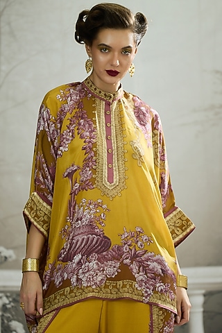 Mustard Silk Printed Tunic by Rajdeep Ranawat