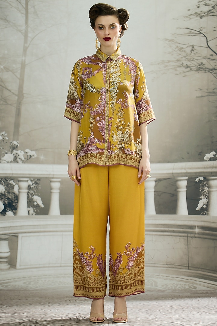 Mustard Silk Printed Shirt by Rajdeep Ranawat at Pernia's Pop Up Shop