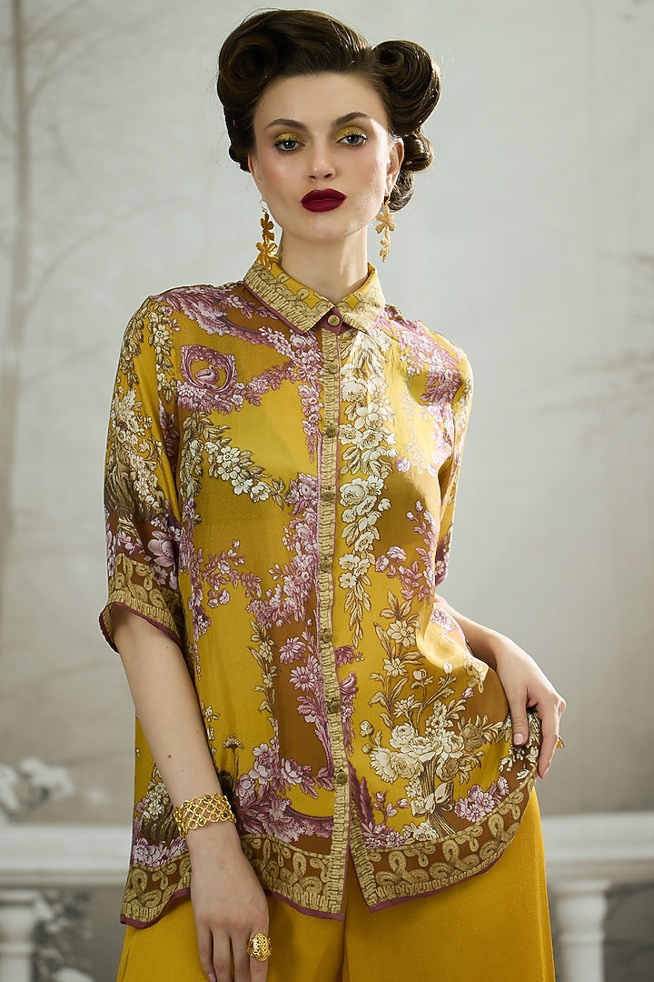 Mustard Silk Printed Shirt by Rajdeep Ranawat at Pernia's Pop Up Shop