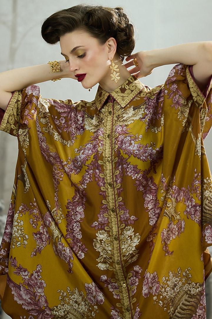 Mustard Silk Printed Shirt by Rajdeep Ranawat at Pernia's Pop Up Shop