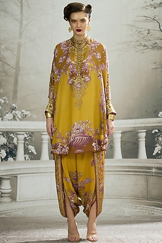 Mustard Silk Printed Tunic by Rajdeep Ranawat