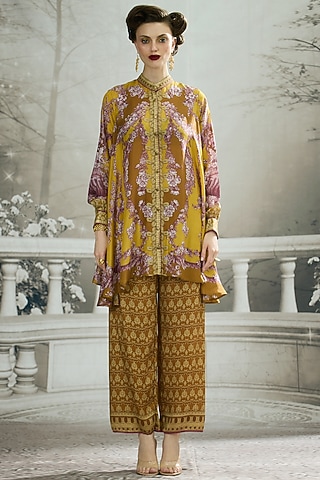 Mustard Silk Printed Tunic by Rajdeep Ranawat