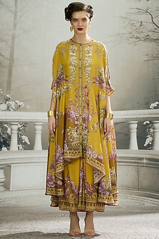 Mustard Silk Printed Cape by Rajdeep Ranawat
