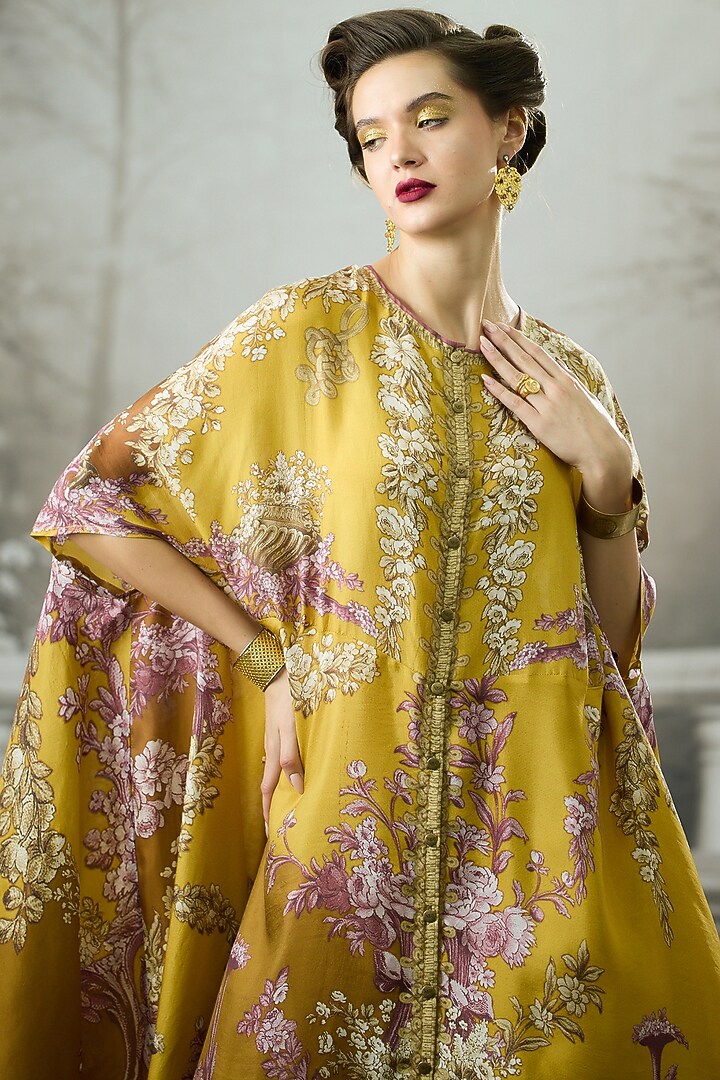 Mustard Silk Printed Cape by Rajdeep Ranawat at Pernia's Pop Up Shop