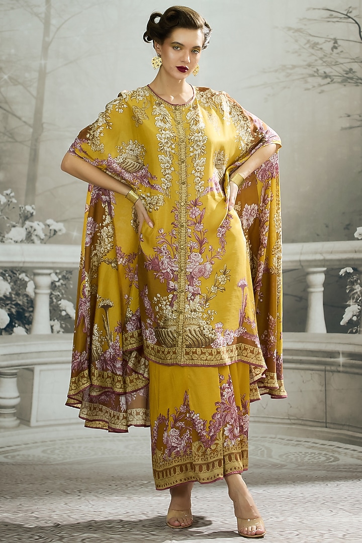 Mustard Silk Printed Cape by Rajdeep Ranawat at Pernia's Pop Up Shop