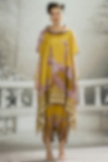 Mustard Silk Printed Draped Tunic by Rajdeep Ranawat at Pernia's Pop Up Shop