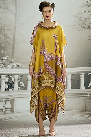 Mustard Silk Printed Draped Tunic by Rajdeep Ranawat