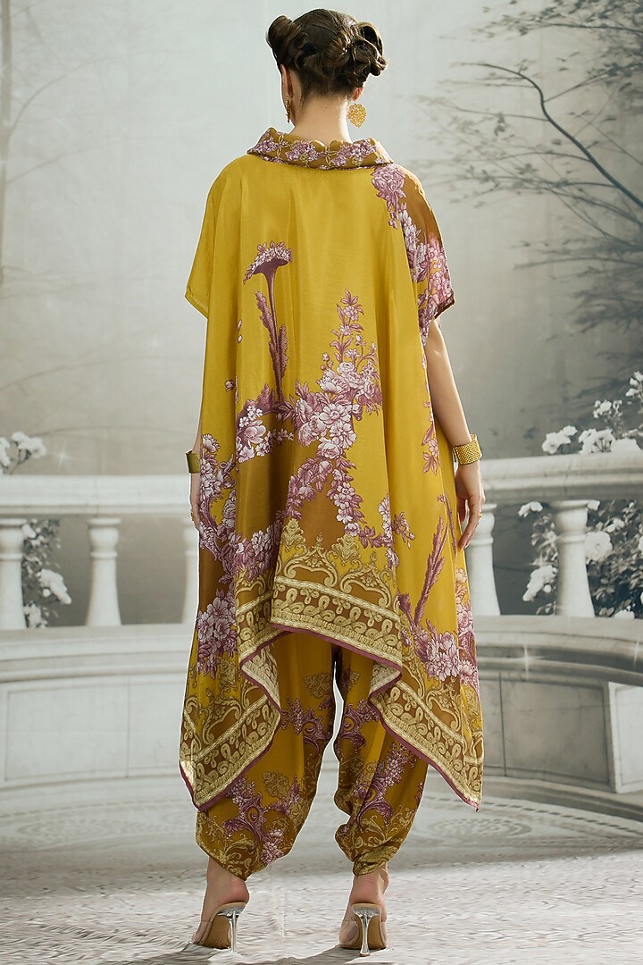 Mustard Silk Printed Draped Tunic by Rajdeep Ranawat at Pernia's Pop Up Shop