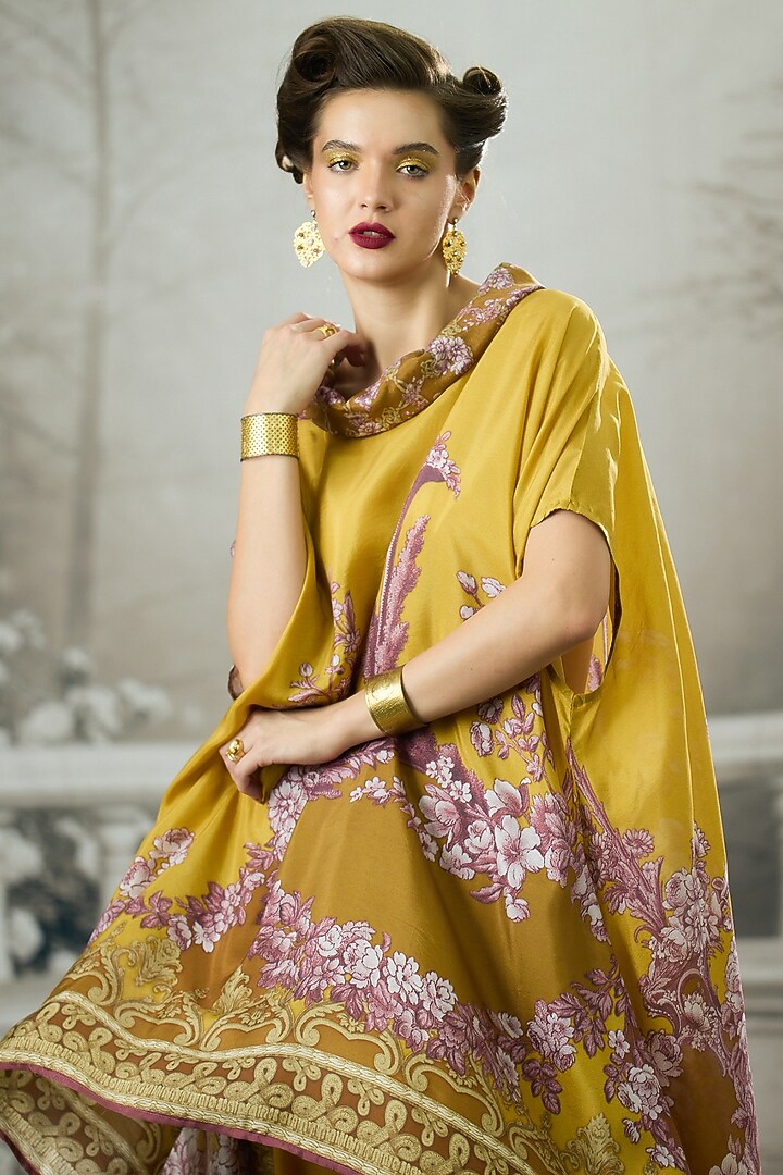 Mustard Silk Printed Draped Tunic by Rajdeep Ranawat at Pernia's Pop Up Shop