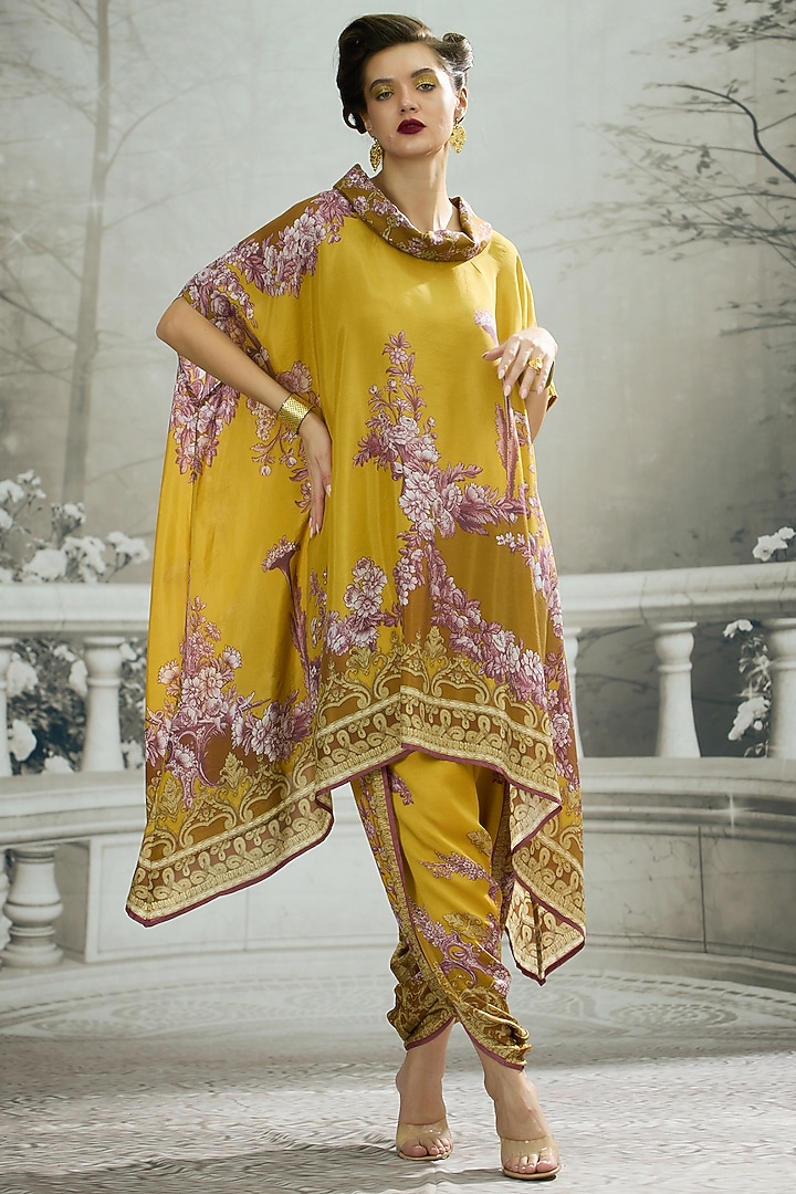 Mustard Silk Printed Draped Tunic by Rajdeep Ranawat at Pernia's Pop Up Shop