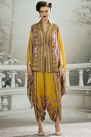 Mustard Silk Printed Cape by Rajdeep Ranawat