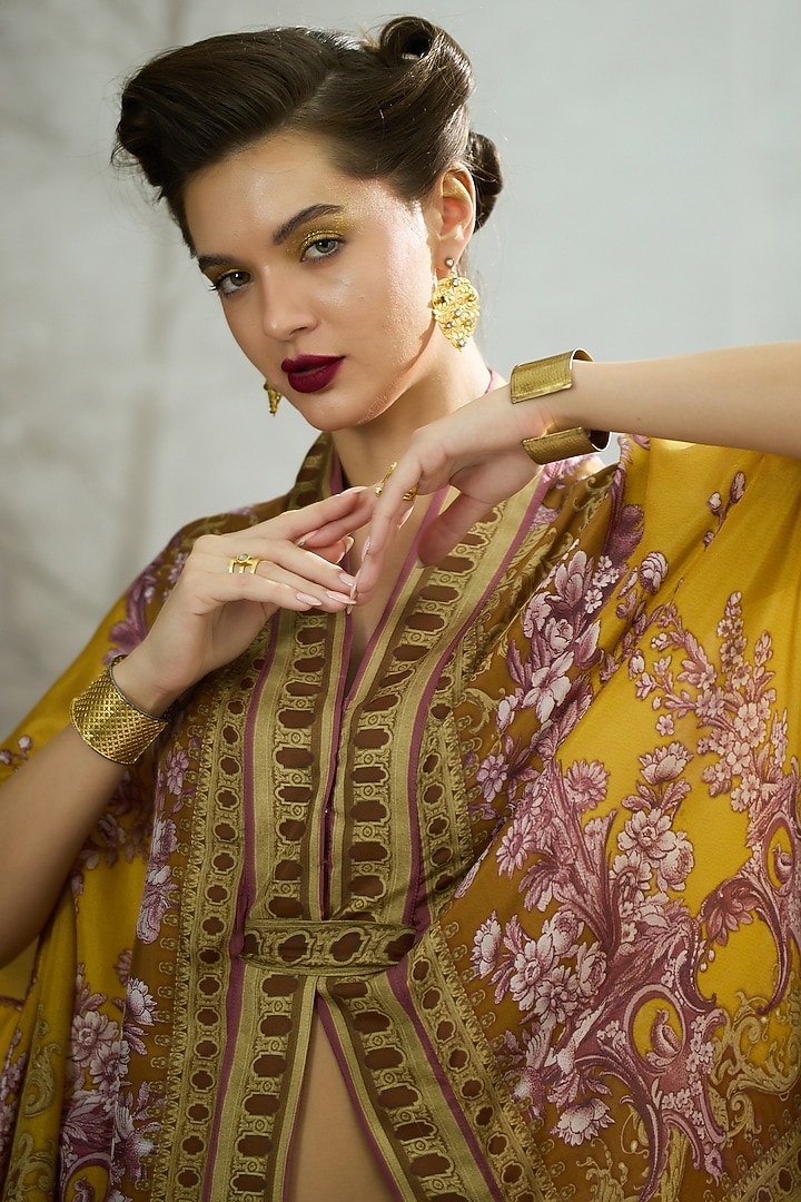 Mustard Silk Printed Cape by Rajdeep Ranawat at Pernia's Pop Up Shop