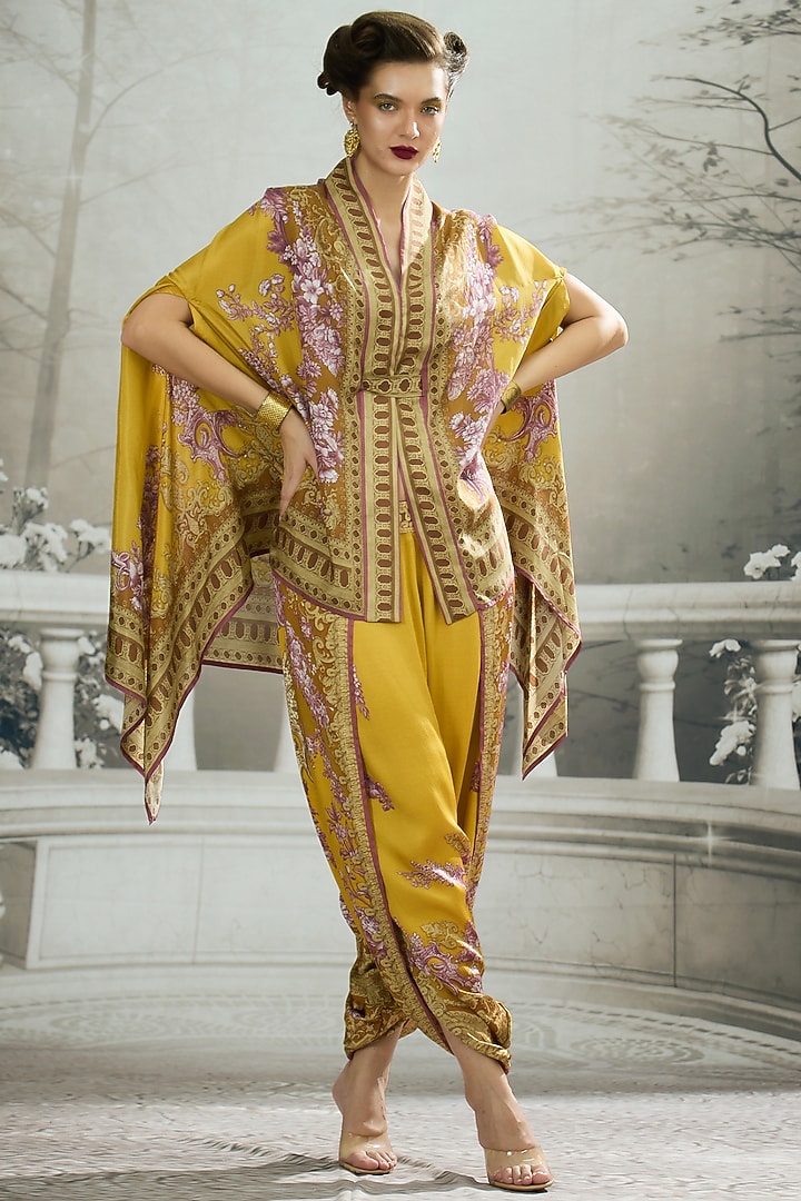 Mustard Silk Printed Cape by Rajdeep Ranawat at Pernia's Pop Up Shop