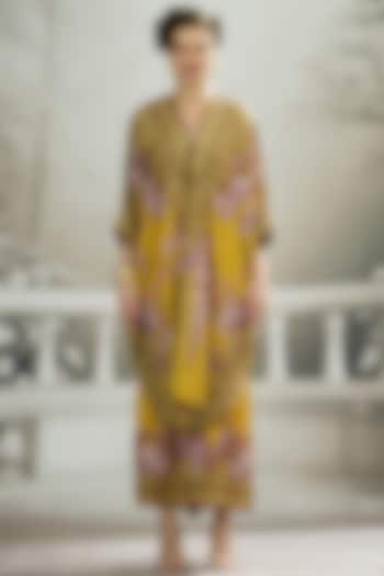 Mustard Silk Printed Draped Tunic by Rajdeep Ranawat at Pernia's Pop Up Shop