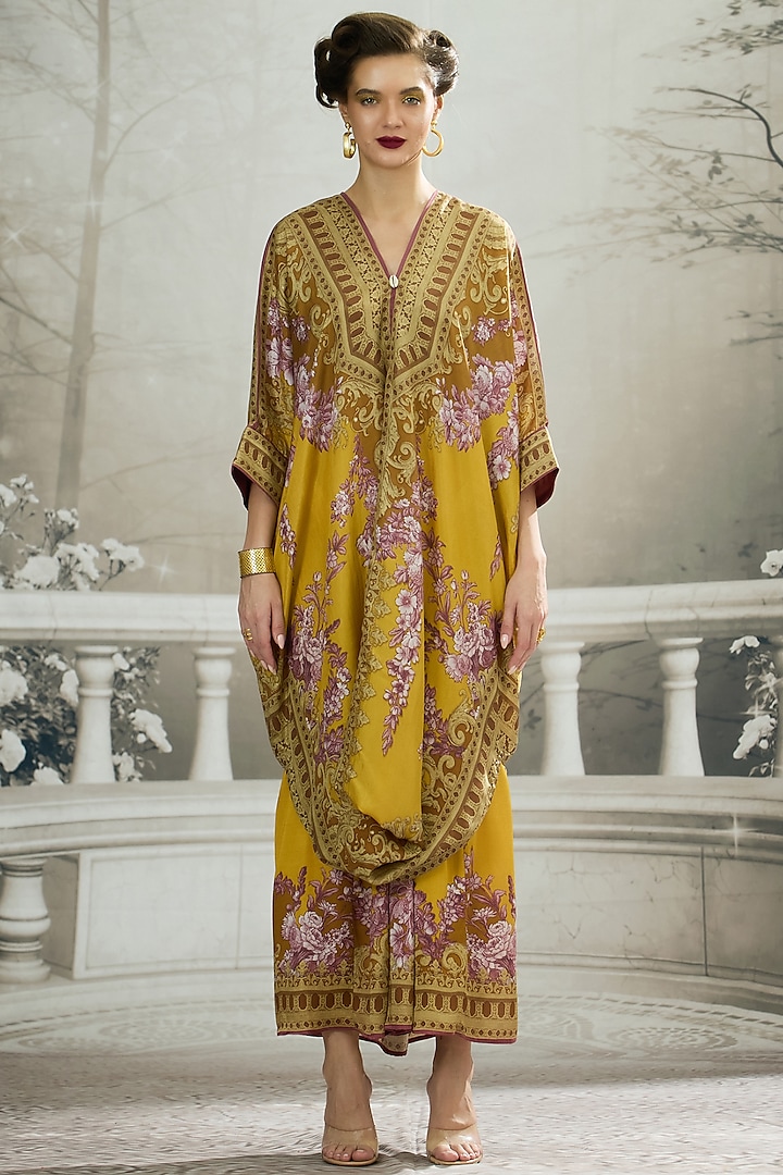 Mustard Silk Printed Draped Tunic by Rajdeep Ranawat at Pernia's Pop Up Shop