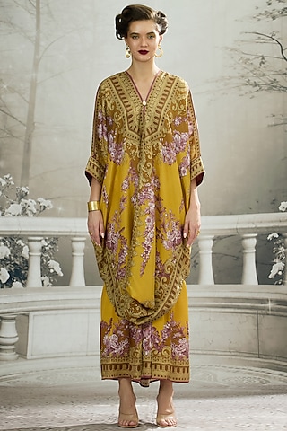 Mustard Silk Printed Draped Tunic by Rajdeep Ranawat